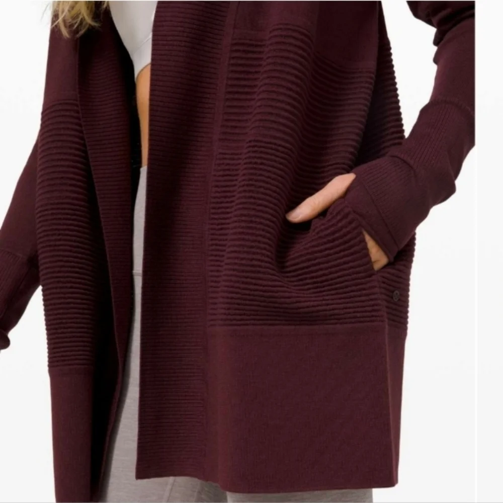 Lululemon Size 4 Merino Wool Cardigan Sweater Sit In Lotus Wrap II Black Cherry
